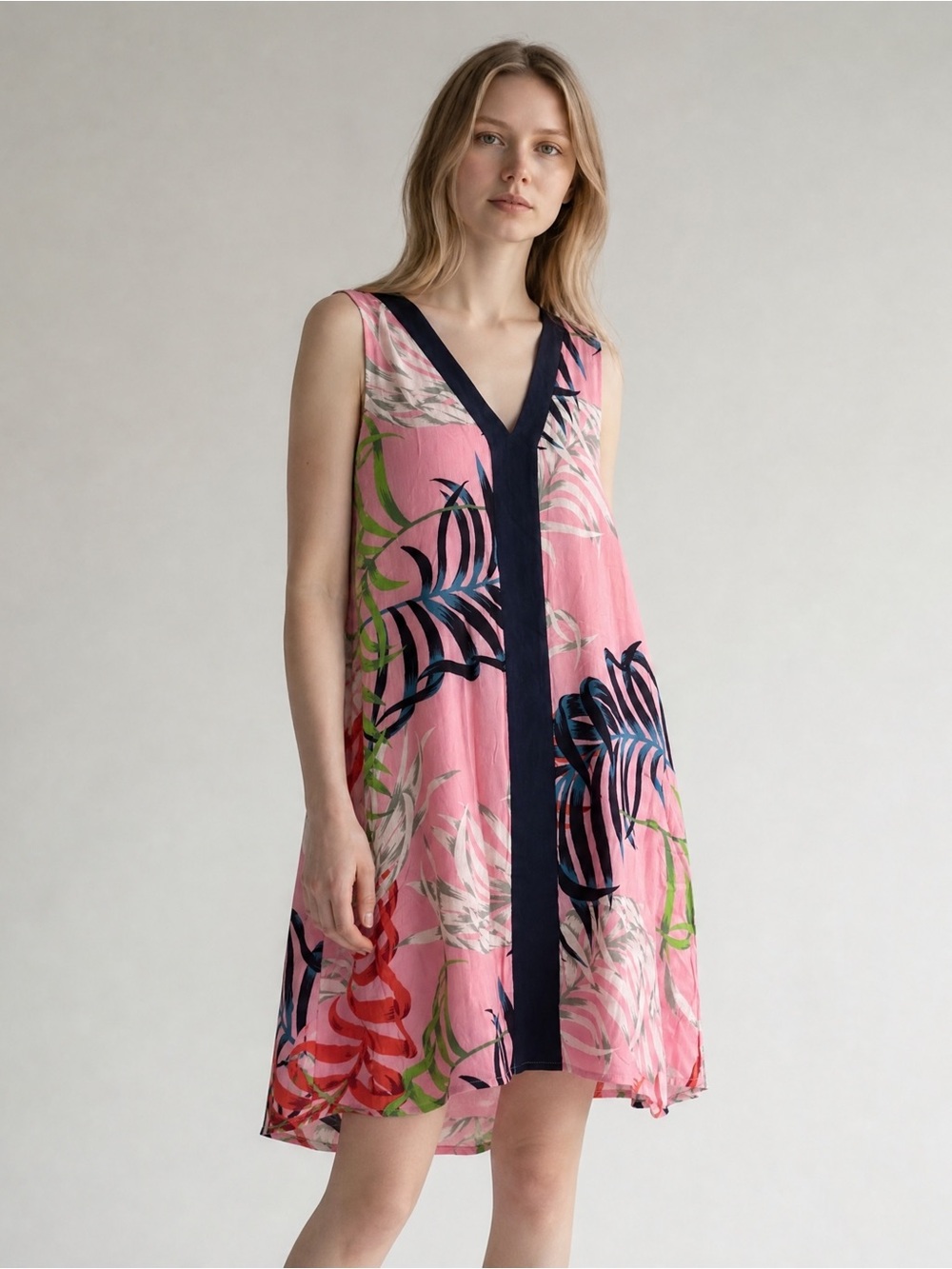CARIBBEAN JOE Pink Palm Casual Dress with Y Yoke Neck Resort Cruise Casual NEW